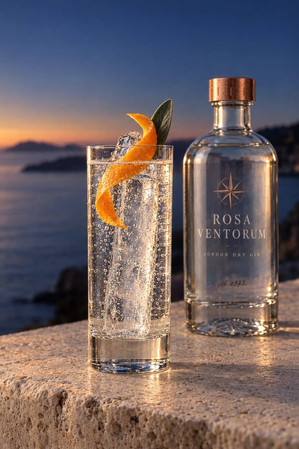 Gin tonik s korom mandarine i listom kadulje na kamenu iznad mora u sumrak